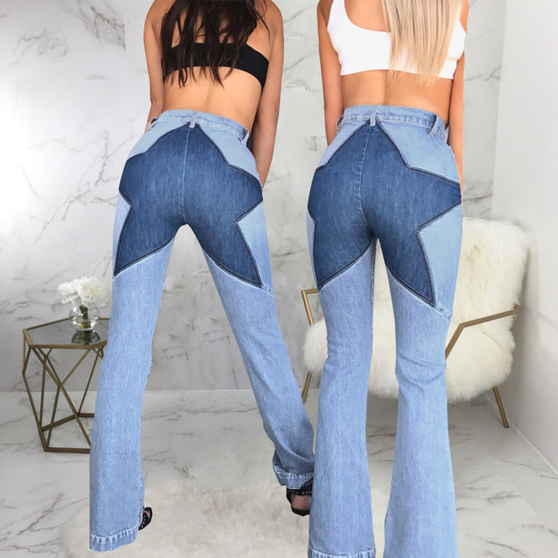 색상 훼손 증명 좋은 품질 패치 워크 힙 스타 청바지 꿰매는 스트레치 폭넓은 바지 여성 청바지 긴